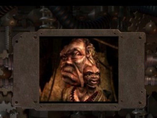 Ein Nahaufnahme-Portrait eines mutierten Charakters mit mehreren Köpfen in einem metallischen Rahmen.