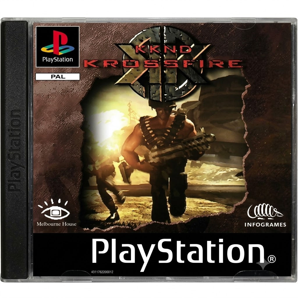Das Cover von KKND Krossfire für PlayStation zeigt einen muskulösen Mann mit Munitionsgürtel und Gewehr. (110 Zeichen).