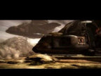 Zwei schwebende, gepanzerte Fahrzeuge bewegen sich über eine karge, staubige Wüstenlandschaft. (90 Zeichen).