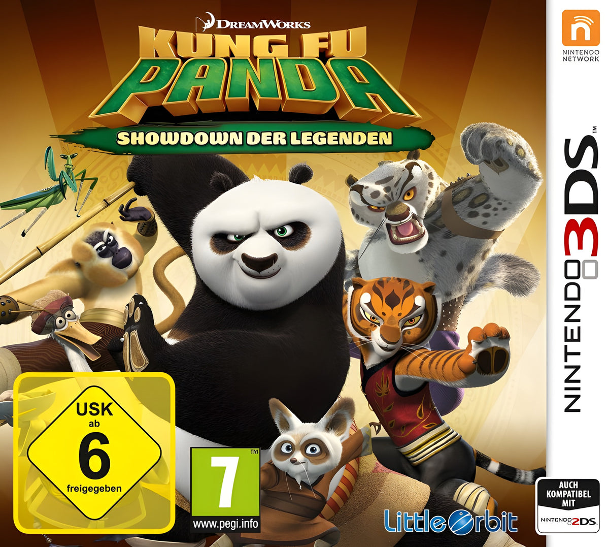 Das Cover von Kung Fu Panda: Showdown der Legenden für Nintendo 3DS zeigt Po und Freunde, USK ab 6.