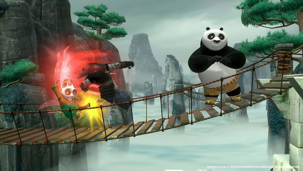 Po steht in Kung Fu Panda: Showdown der Legenden auf einer Seilbrücke und beobachtet einen Kampf.