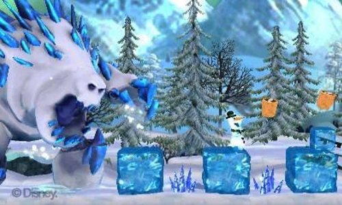 La Reine des Neiges: La Quete d'Olaf zeigt Olaf vor einem Eis-Monster in einer Schneelandschaft.
