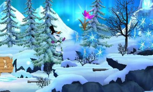 Eine verschneite Landschaft mit Bäumen und einer leuchtenden Blume in La Reine des Neiges: La Quete d'Olaf.