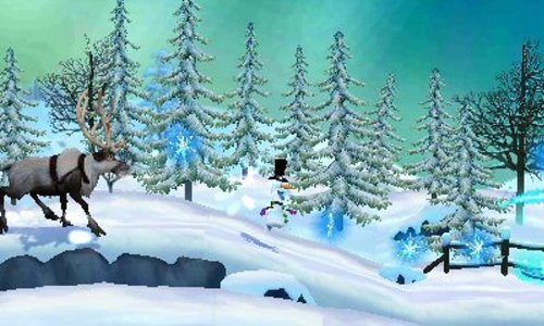 In La Reine des Neiges: La Quete d'Olaf rennt ein Rentier durch einen verschneiten Wald mit Schneemann.