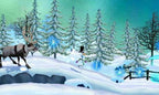 In La Reine des Neiges: La Quete d'Olaf rennt ein Rentier durch einen verschneiten Wald mit Schneemann.