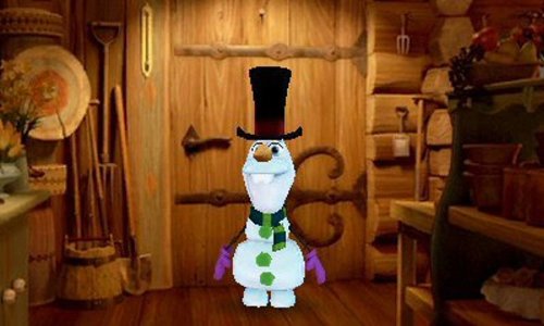 Olaf steht in La Reine des Neiges: La Quete d'Olaf in einer rustikalen Holzhütte.