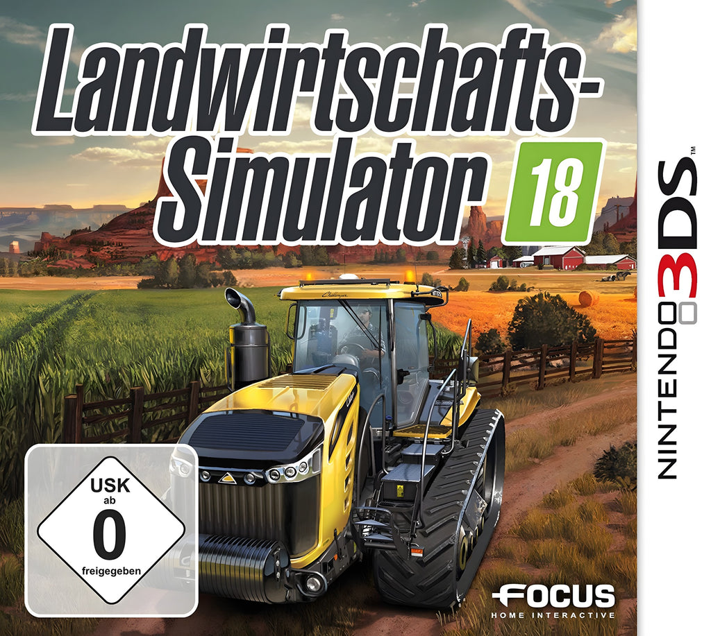 Das Cover von Landwirtschafts-Simulator 18 zeigt einen gelben Traktor vor einer ländlichen Kulisse mit USK ab 0.