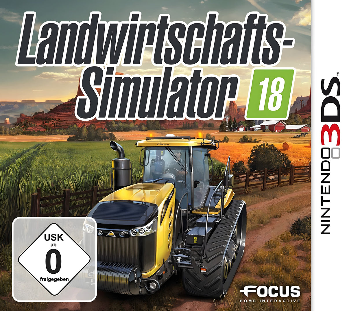 Das Cover von Landwirtschafts-Simulator 18 zeigt einen gelben Traktor vor einer ländlichen Kulisse mit USK ab 0.