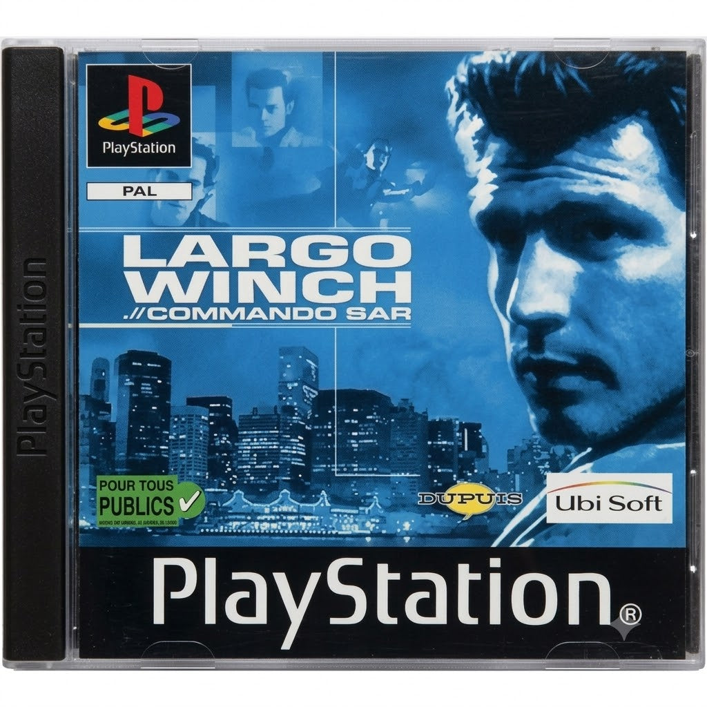 Die Vorderseite der Spielhülle von Largo Winch Commando Sar für PlayStation mit dem Titel und einem Mann.