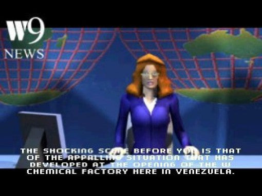 Eine Nachrichtensprecherin mit orangefarbenen Haaren berichtet in einer Zwischensequenz von W9 News über eine Fabrik.