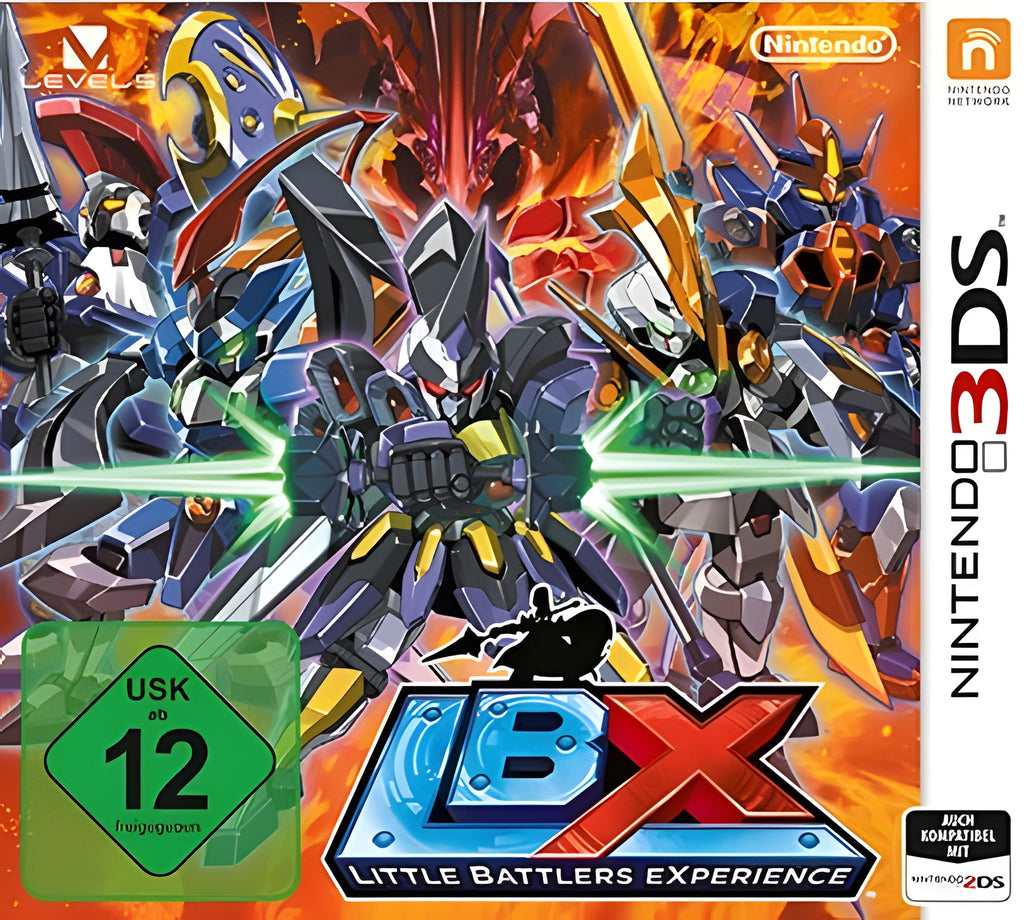 LBX: Little Battlers Experience zeigt auf dem Cover fünf Roboter und das USK ab 12 Siegel.