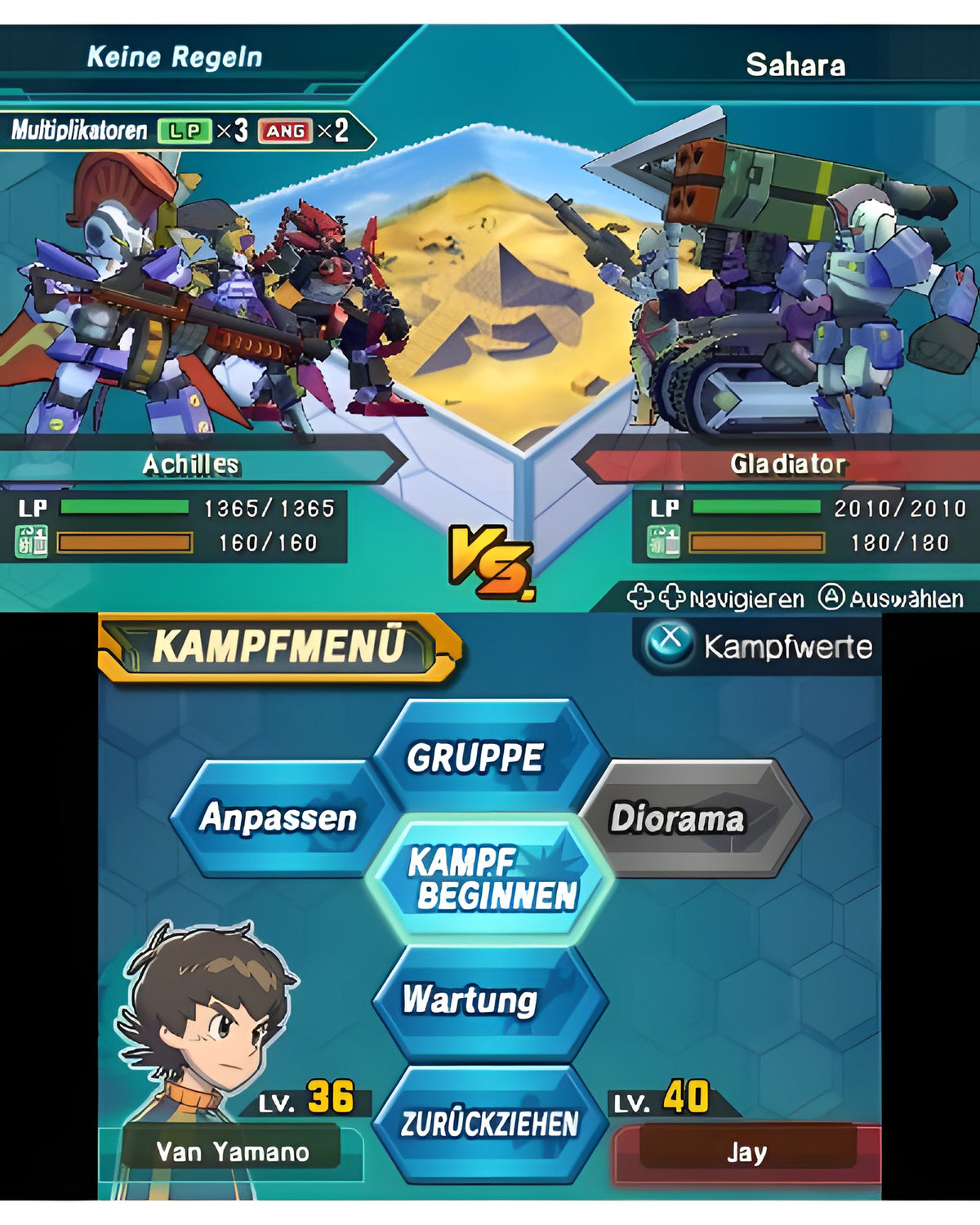 Im Kampfmenü von LBX / Little Battlers Experience treten Achilles und Gladiator in der Sahara an.