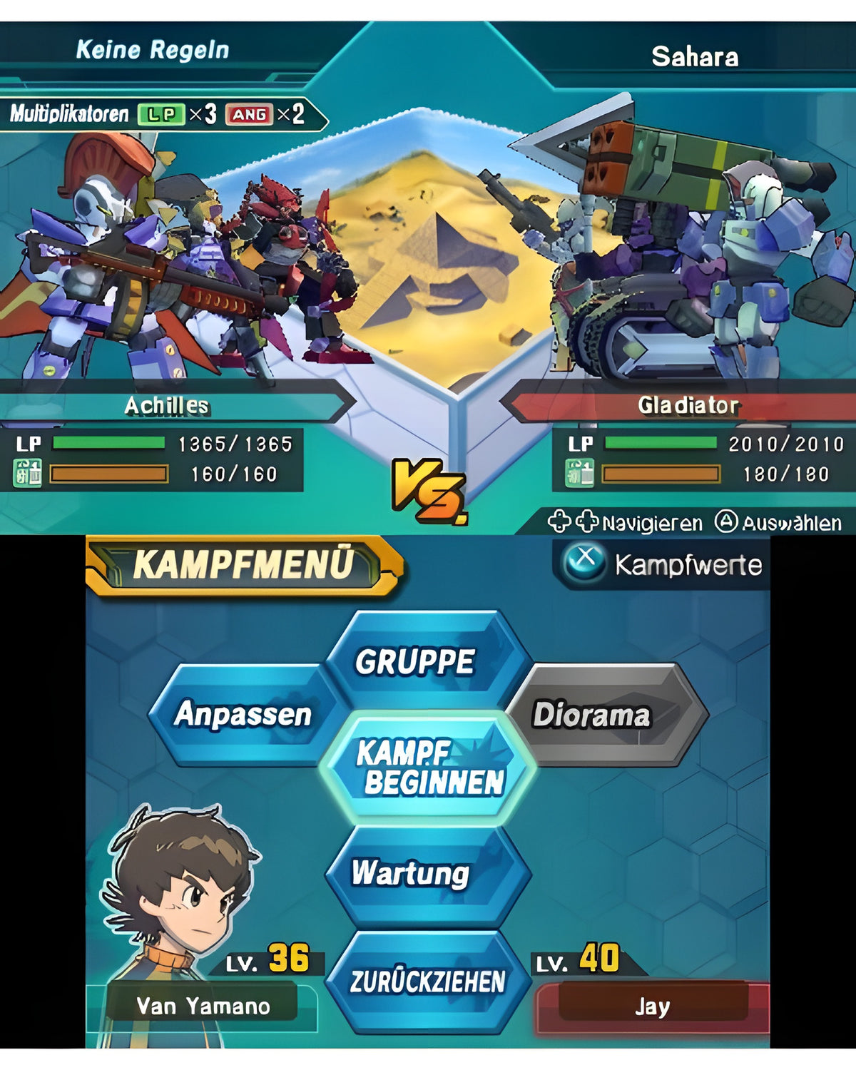 Im Kampfmenü von LBX: Little Battlers Experience stehen sich zwei Roboter in der Wüste gegenüber.