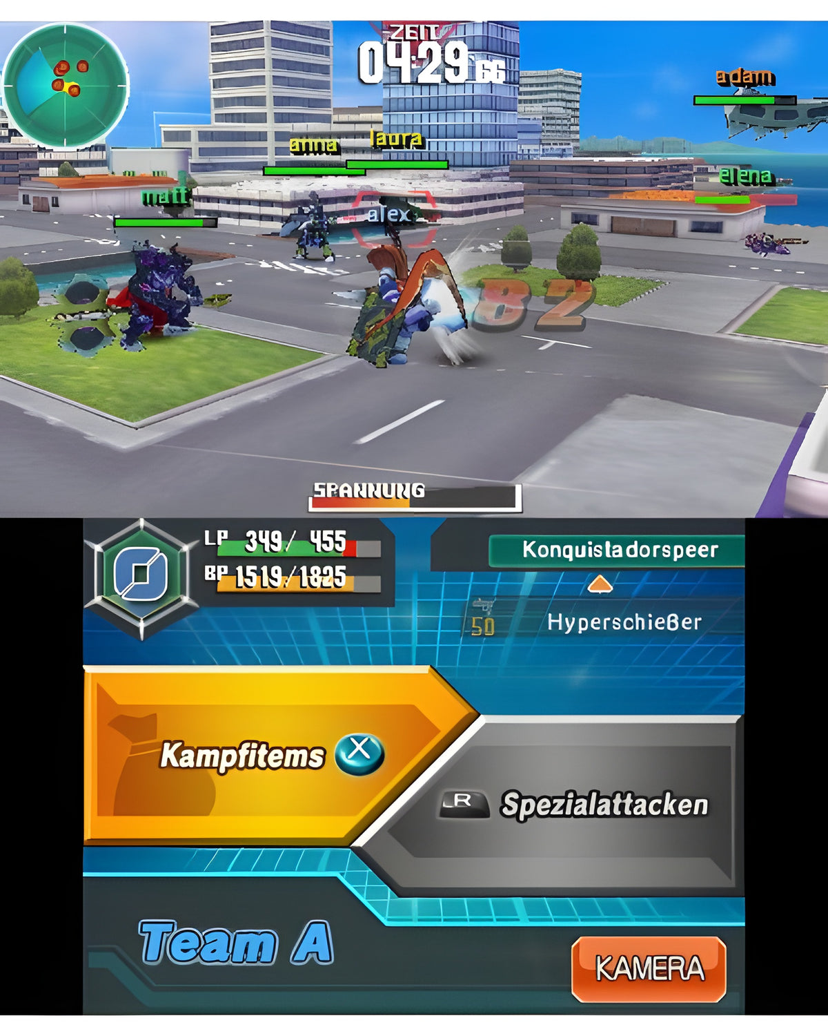 Eine Kampfszene aus LBX / Little Battlers Experience zeigt Team A in einer Stadtumgebung.