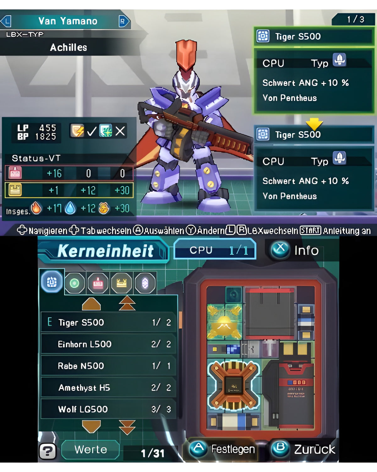 Das Anpassungsmenü in LBX: Little Battlers Experience zeigt einen Roboter und seine Kernbauteile.