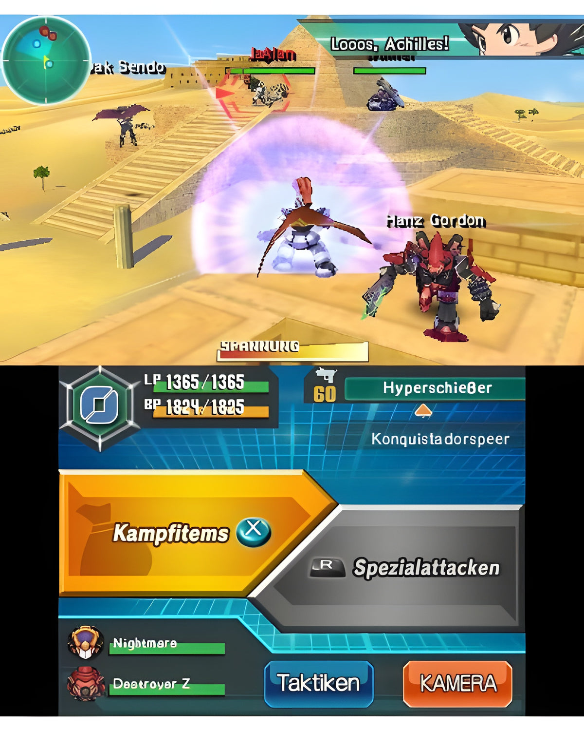 In LBX: Little Battlers Experience kämpfen Roboter vor Pyramiden in einer Wüstenlandschaft.