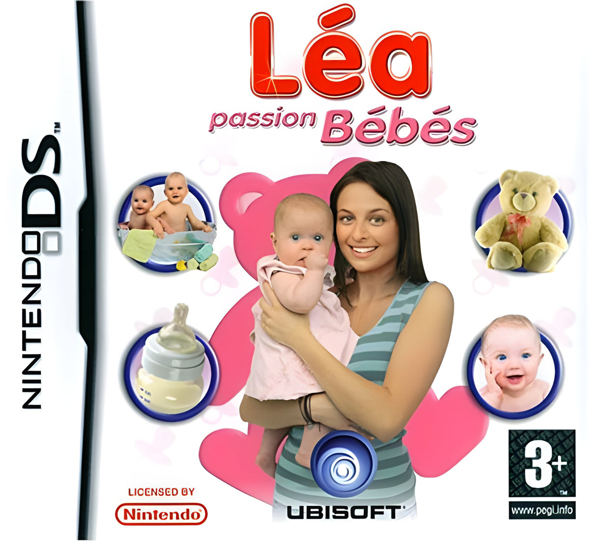 Das Cover von Léa: passion Bébés für Nintendo DS zeigt eine Frau mit Baby und weiteren Baby-Motiven, PEGI 3.