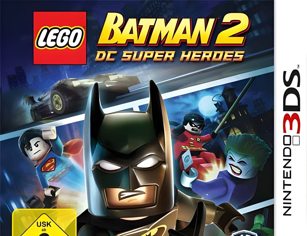 In LEGO Batman 2: DC Super Heroes steht der Joker zwischen zwei Gefangenen; unten ein Menü.