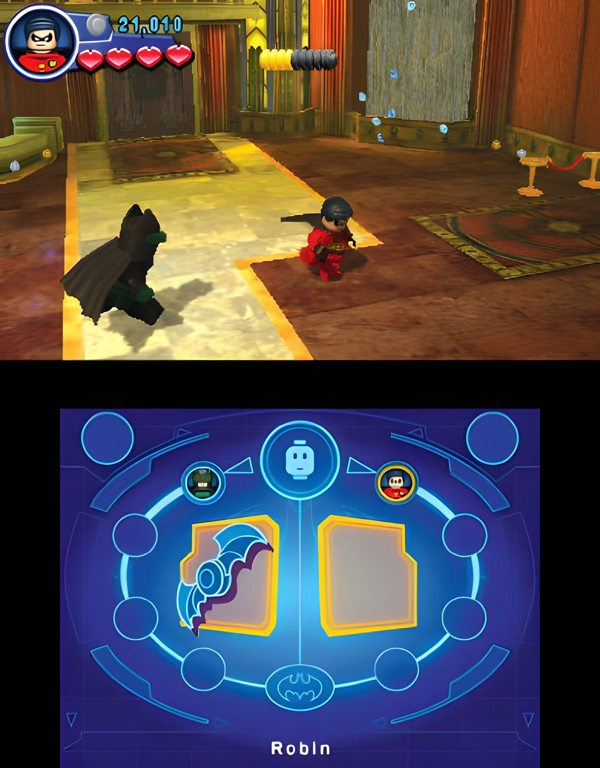 Superman kämpft in LEGO Batman 2: DC Super Heroes in einem Raum, unten ist ein Menü.