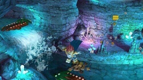 Laval springt in Lego Chima: Laval's Journey über einen Wasserfall in einer Höhle.
