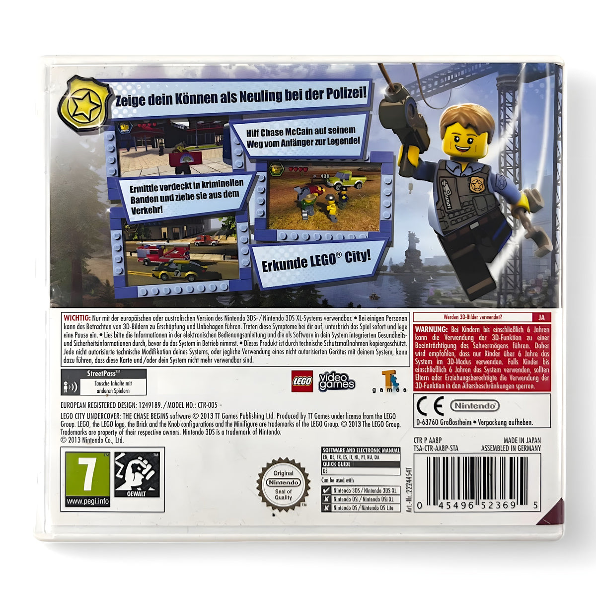 Die Rückseite von Lego City Undercover: The Chase Begins zeigt Spielszenen und einen Polizisten.