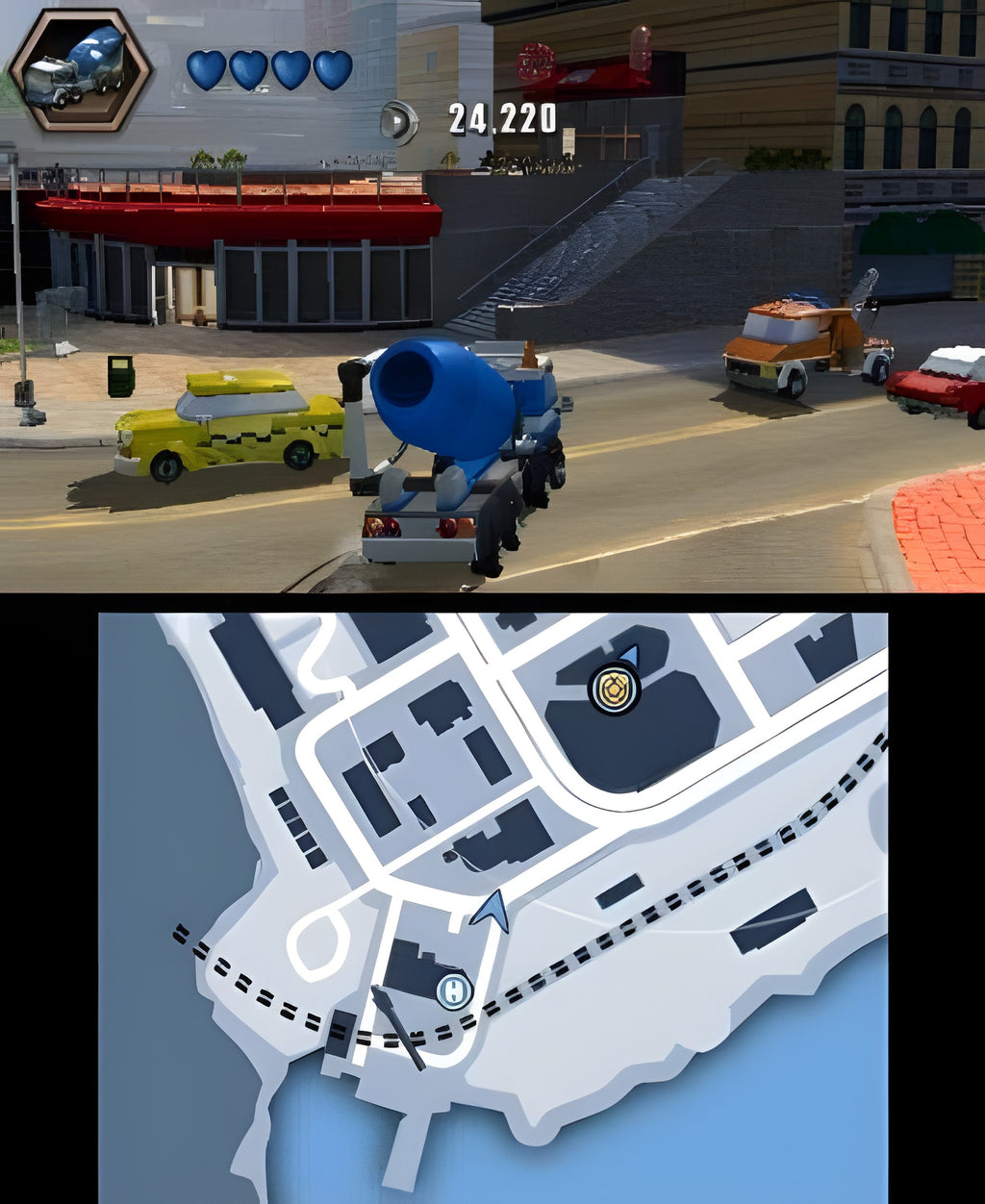 In LEGO City Undercover: The Chase Begins fährt ein blauer Zementmischer durch eine Stadt.