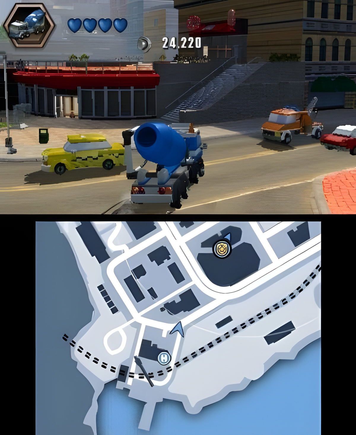 In LEGO City Undercover: The Chase Begins fährt ein blauer Zementmischer durch eine Stadt.