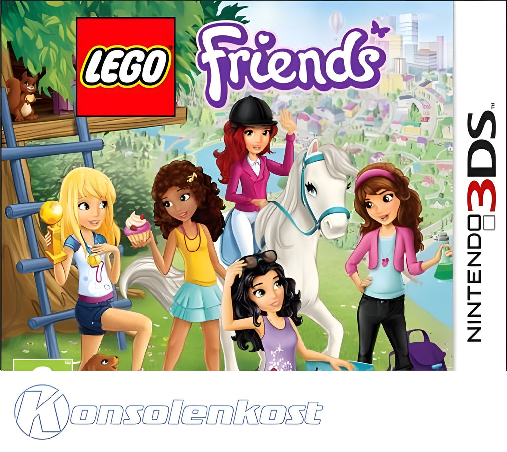 Das Cover von Lego Friends zeigt fünf Freundinnen mit einem Pferd und einem Eichhörnchen vor einer Stadtkulisse.