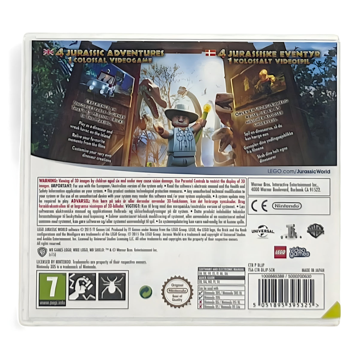 Die Rückseite der Verpackung von LEGO Jurassic World zeigt Spielszenen und Texte in Englisch und Dänisch.
