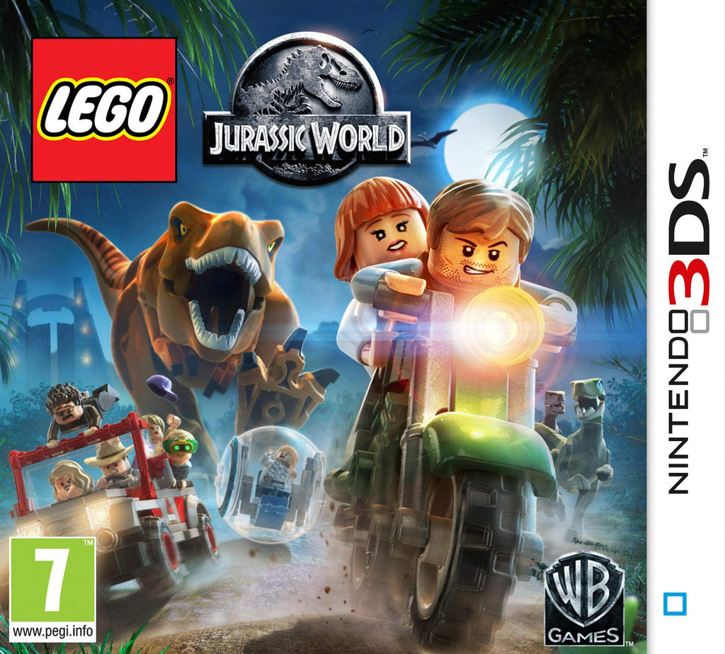Das Cover von LEGO Jurassic World für Nintendo 3DS zeigt einen Mann auf einem Motorrad und einen T-Rex. USK ab 7.