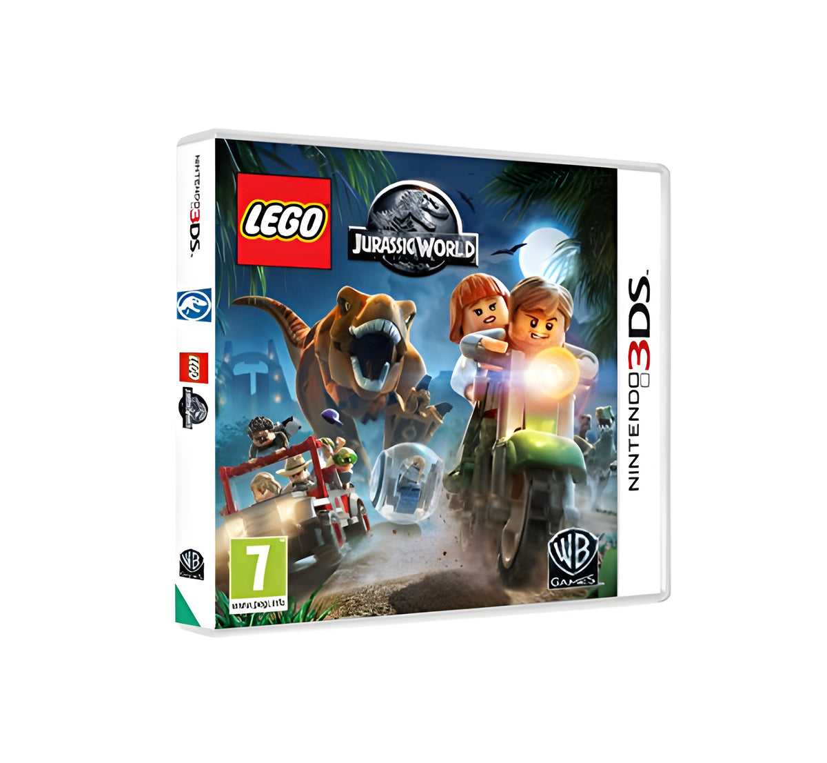 Das Cover von LEGO Jurassic World für Nintendo 3DS zeigt LEGO-Figuren auf einem Motorrad vor einem Dinosaurier.