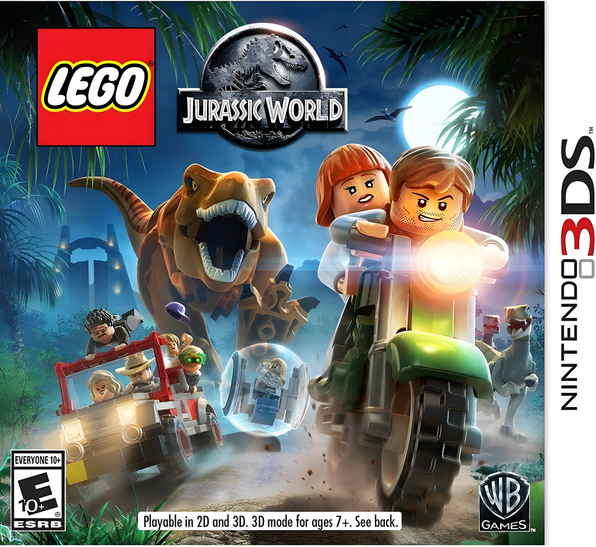 Das Cover von LEGO Jurassic World zeigt Lego-Figuren, die vor einem T-Rex auf Motorrad und Jeep.