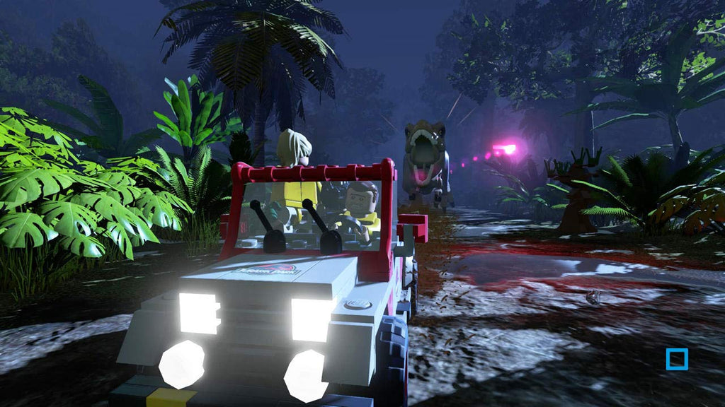 Eine Szene aus LEGO Jurassic World zeigt ein Auto, das nachts vor einem T-Rex flieht.