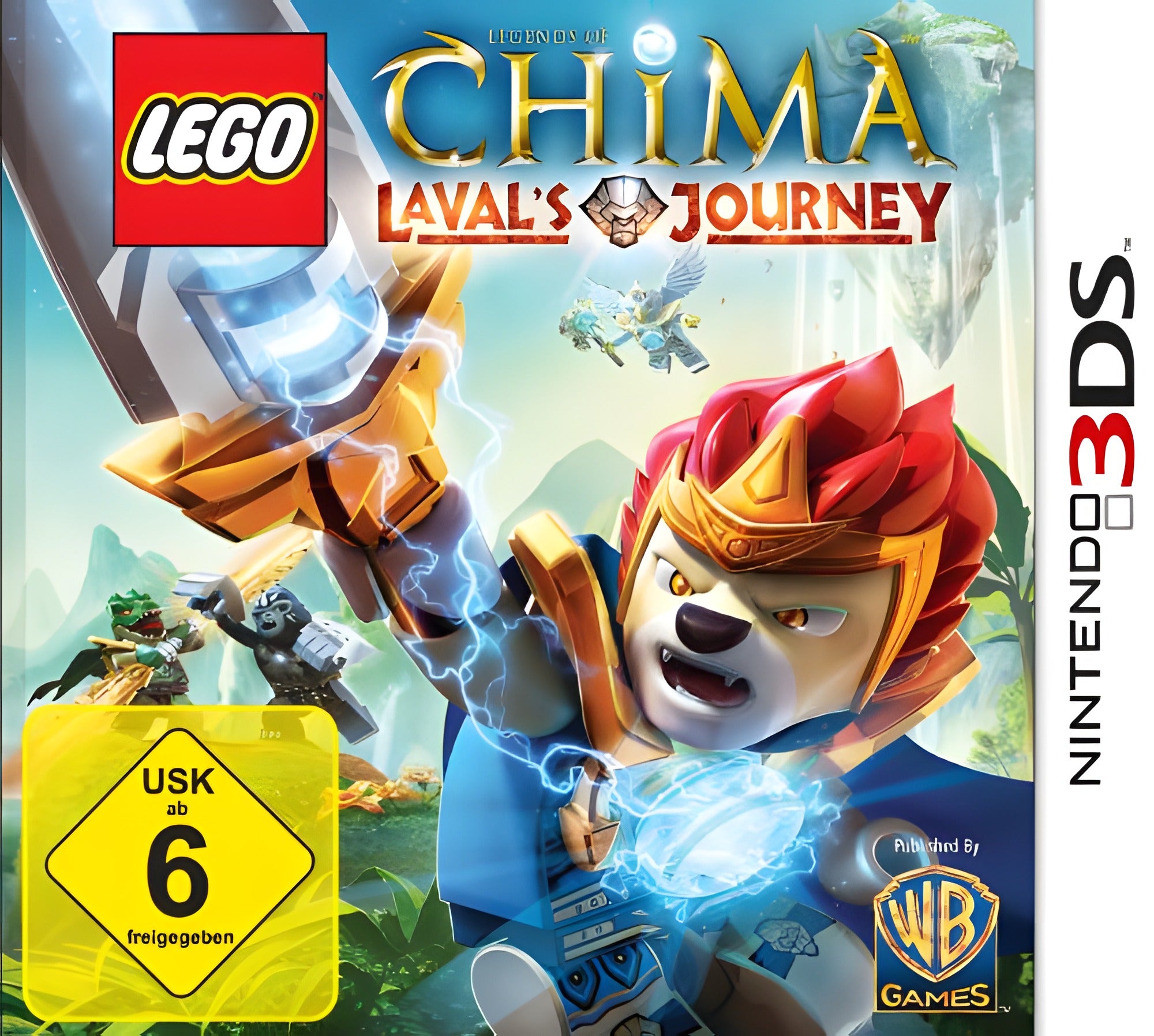 Das Cover von LEGO Legends of Chima: Laval's Journey für Nintendo 3DS zeigt Laval mit Schwert und USK ab 6.