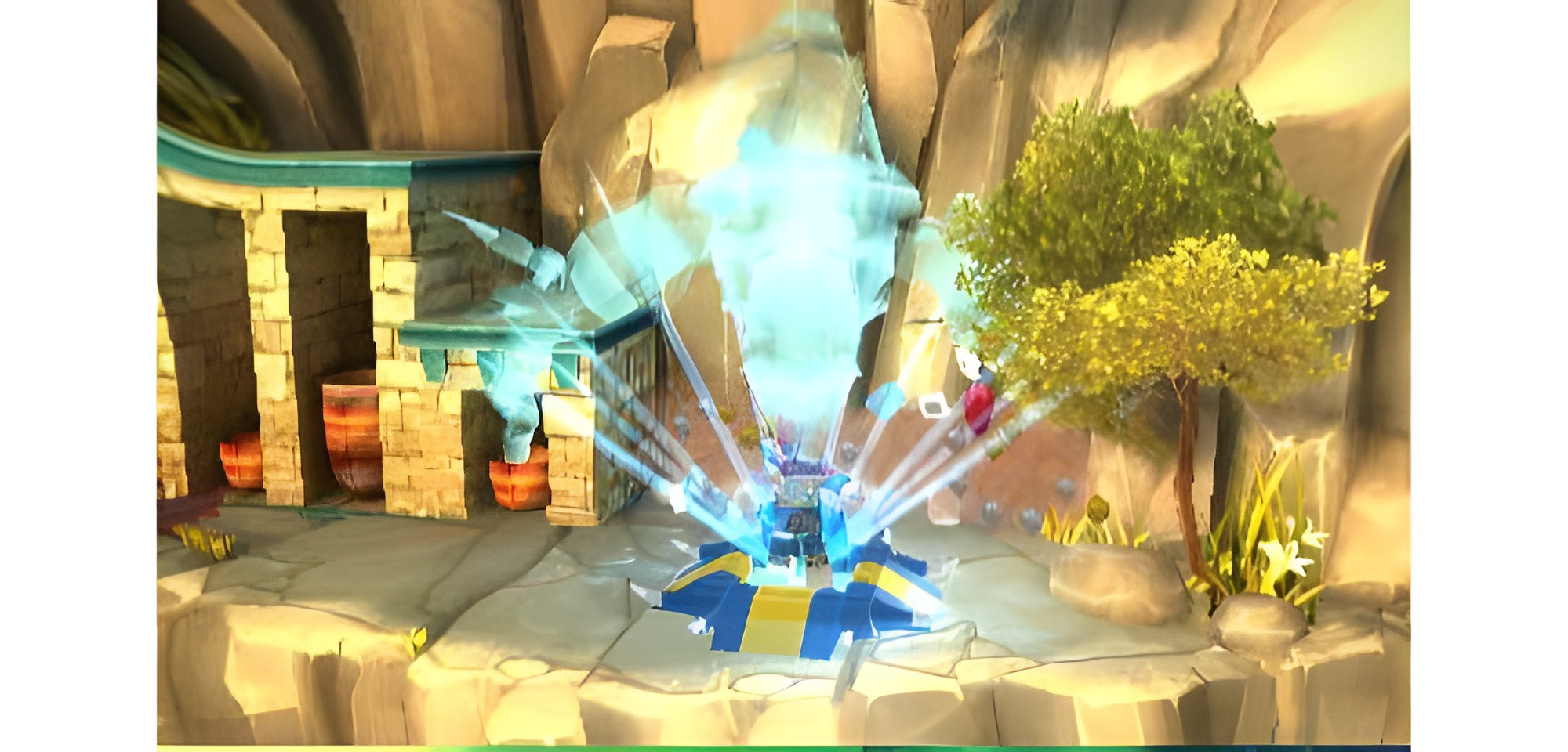 In LEGO Legends of Chima: Laval's Journey für Nintendo 3DS schießen Energiestrahlen aus einer Plattform.