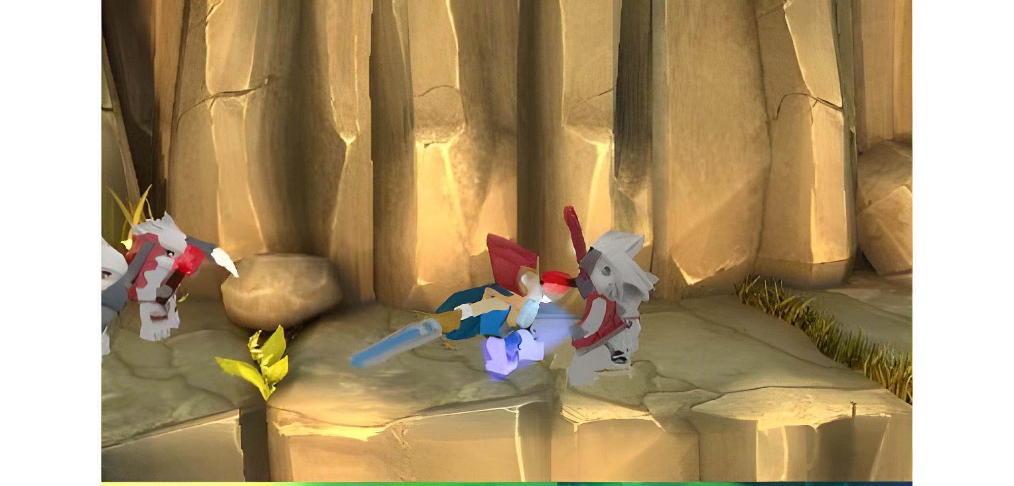 Zwei Spielfiguren kämpfen in LEGO Legends of Chima: Laval's Journey für Nintendo 3DS auf einem Felsplateau.