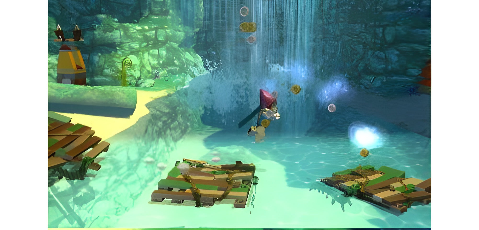 In LEGO Legends of Chima: Laval's Journey für Nintendo 3DS springt Laval durch einen Wasserfall.