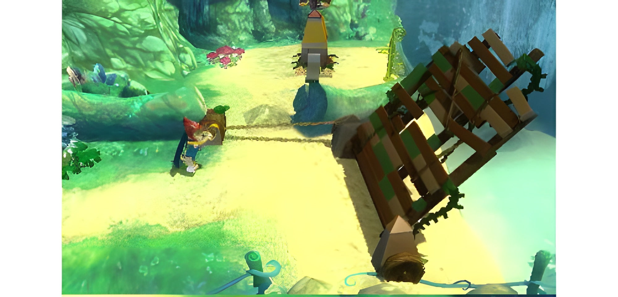 In LEGO Legends of Chima: Laval's Journey für Nintendo 3DS zieht Laval eine Holzbrücke über einen Abgrund.