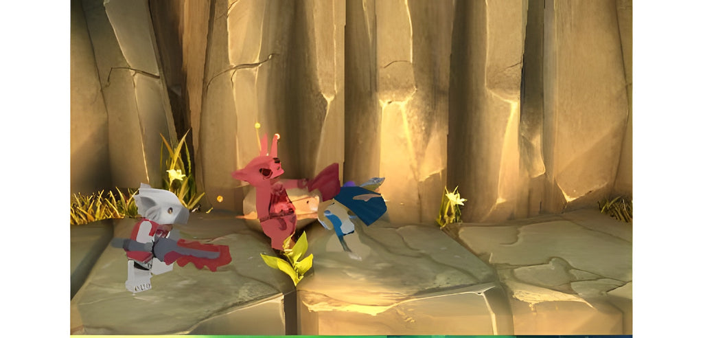 Drei LEGO-Figuren stehen in LEGO Legends of Chima: Laval's Journey für Nintendo 3DS in einer Höhle.
