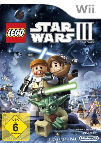 LEGO Star Wars III: The Clone Wars für Wii zeigt Yoda, Obi-Wan und Anakin auf dem Cover, USK ab 6.