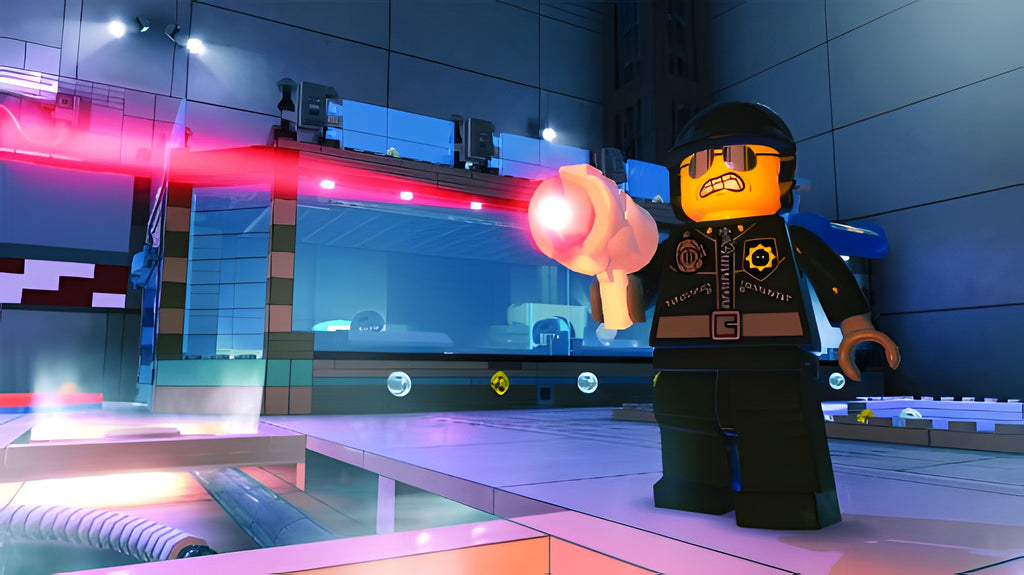 Bad Cop zielt in LEGO The Movie: Videogame mit einer Laserwaffe in einem Labor.