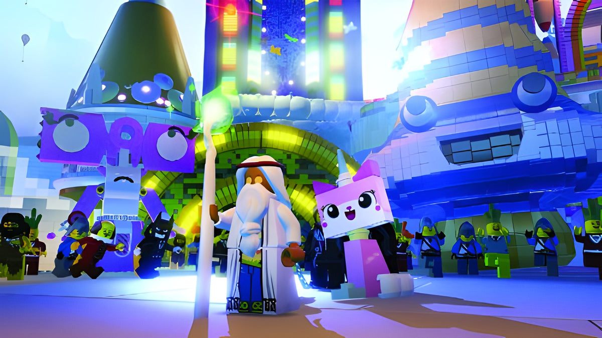 Vitruvius und Unikitty feiern in LEGO The Movie: Videogame vor einer bunten Kulisse.