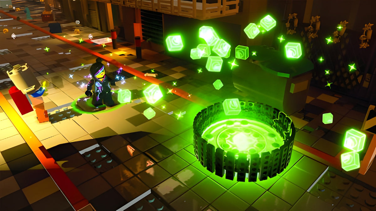 Wyldstyle steht in LEGO The Movie: Videogame vor einem leuchtenden Portal mit grünen Würfeln.