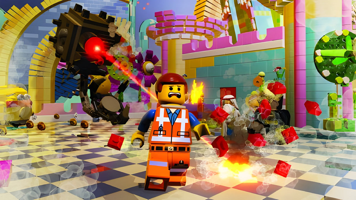 Emmet kämpft in LEGO The Movie: Videogame gegen eine Maschine, die Laserstrahlen abfeuert.