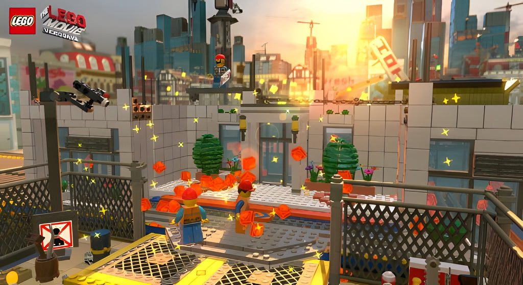 Eine Szene aus LEGO The Movie: Videogame zeigt eine Baustelle mit explodierenden Objekten und Figuren.