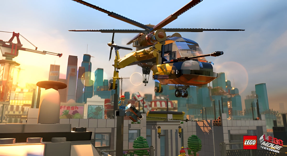 Ein Hubschrauber fliegt in LEGO The Movie: Videogame über eine Stadtlandschaft bei Sonnenuntergang.