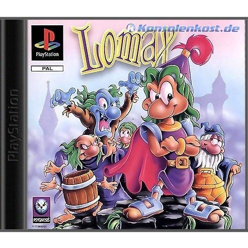 Das Cover von Lomax für PS1 zeigt die Hauptfigur mit roter Mütze und Umhang, umgeben von mehreren Kreaturen.