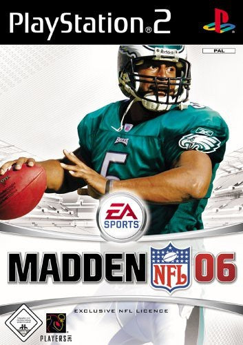 Madden NFL 06 für PlayStation 2 zeigt einen Footballspieler in grünem Trikot mit der Nummer 5 und USK ab 0.