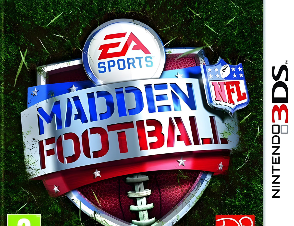 Das Cover von Madden NFL Football für Nintendo 3DS zeigt das Spiel-Logo auf einem Football-Feld mit USK ab 0 Siegel.