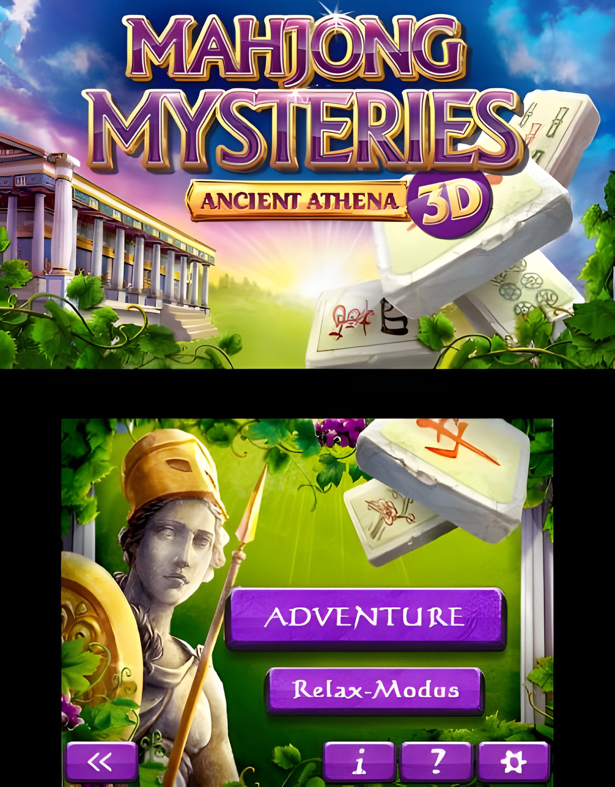 Der Titelbildschirm von Mahjongg Mysteries: Ancient Athena 3D zeigt eine Statue und das Spielmenü.
